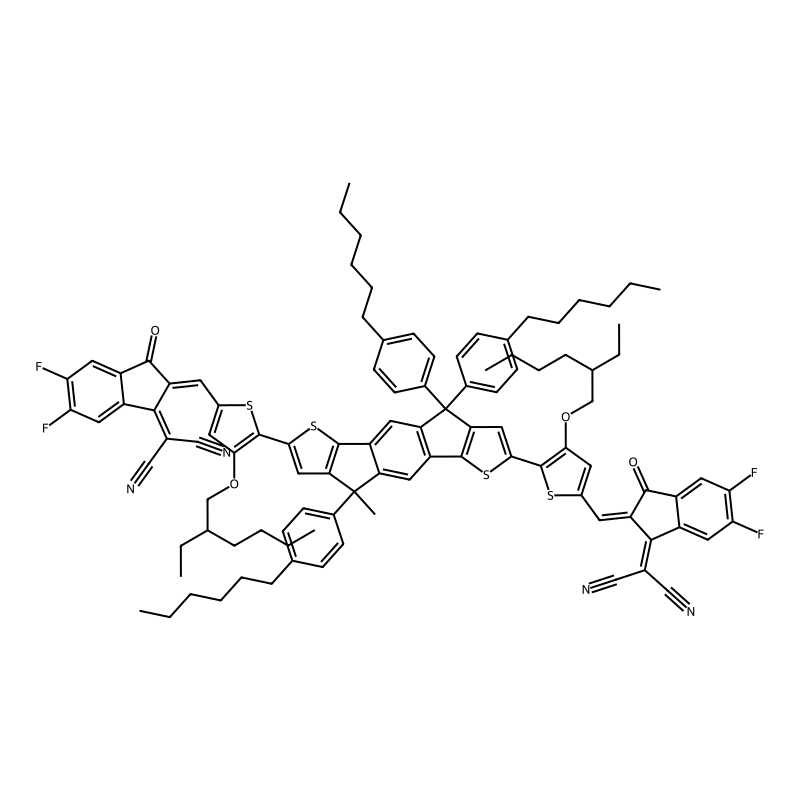 2-[(2E)-2-[[5-[15-[5-[(Z)-[1-(dicyanomethylidene)-5,6-difluoro-3-oxoinden-2-ylidene]methyl]-3-(2-ethylhexoxy)thiophen-2-yl]-9,18,18-tris(4-hexylphenyl)-9-methyl-5,14-dithiapentacyclo[10.6.0.03,10.04,8.013,17]octadeca-1,3(10),4(8),6,11,13(17),15-heptaen-6-yl]-4-(2-ethylhexoxy)thiophen-2-yl]methylidene]-5,6-difluoro-3-oxoinden-1-ylidene]propanedinitrile