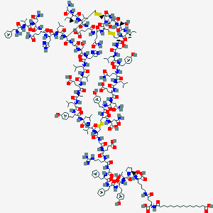 16-[[(1S)-4-[[(5S)-5-[[(2S)-1-[(2S,3R)-2-[[(2S)-2-[[(2S)-2-[[(2S)-2-[[2-[[(2S)-2-[[(2S)-2-[[2-[[(1R,6R,12S,15S,18S,21S,24S,27S,30S,33S,36S,39S,42R,47R,50S,53S,56S,59S,62S,65S,68S,71S,74R,77S,80S,83S,88R)-88-[[(2S)-5-amino-2-[[(2S)-2-[[(2S)-2-[[(2S,3S)-2-[(2-aminoacetyl)amino]-3-methylpentanoyl]amino]-3-methylbutanoyl]amino]-4-carboxybutanoyl]amino]-5-oxopentanoyl]amino]-6-[[(2S)-2-[[(2S)-2-[[(2S)-5-amino-2-[[(2S)-4-amino-2-[[(2S)-2-[[(2S)-2-amino-3-phenylpropanoyl]amino]-3-methylbutanoyl]amino]-4-oxobutanoyl]amino]-5-oxopentanoyl]amino]-3-(1H-imidazol-4-yl)propanoyl]amino]-4-methylpentanoyl]amino]-47-[[(1S)-3-amino-1-carboxy-3-oxopropyl]carbamoyl]-53-(2-amino-2-oxoethyl)-62-(3-amino-3-oxopropyl)-77-[(2S)-butan-2-yl]-24,56-bis(2-carboxyethyl)-83-[(1R)-1-hydroxyethyl]-12,71,80-tris(hydroxymethyl)-33,50,65-tris[(4-hydroxyphenyl)methyl]-15-(1H-imidazol-4-ylmethyl)-27-methyl-18,30,36,59,68-pentakis(2-methylpropyl)-7,10,13,16,19,22,25,28,31,34,37,40,49,52,55,58,61,64,67,70,73,76,79,82,85,87-hexacosaoxo-21,39-di(propan-2-yl)-3,4,44,45,90,91-hexathia-8,11,14,17,20,23,26,29,32,35,38,41,48,51,54,57,60,63,66,69,72,75,78,81,84,86-hexacosazabicyclo[72.11.7]dononacontane-42-carbonyl]amino]acetyl]amino]-4-carboxybutanoyl]amino]-5-carbamimidamidopentanoyl]amino]acetyl]amino]-3-phenylpropanoyl]amino]-3-phenylpropanoyl]amino]-3-(4-hydroxyphenyl)propanoyl]amino]-3-hydroxybutanoyl]pyrrolidine-2-carbonyl]amino]-5-carboxypentyl]amino]-1-carboxy-4-oxobutyl]amino]-16-oxohexadecanoic acid